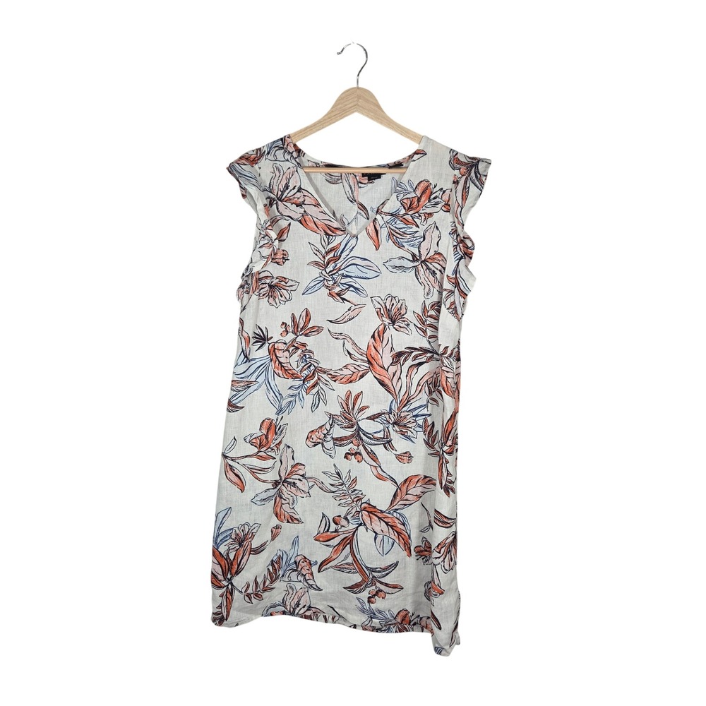 Tahari 100% Linen Botanical Floral Shift Dress Cap Sleeve White Women's Small